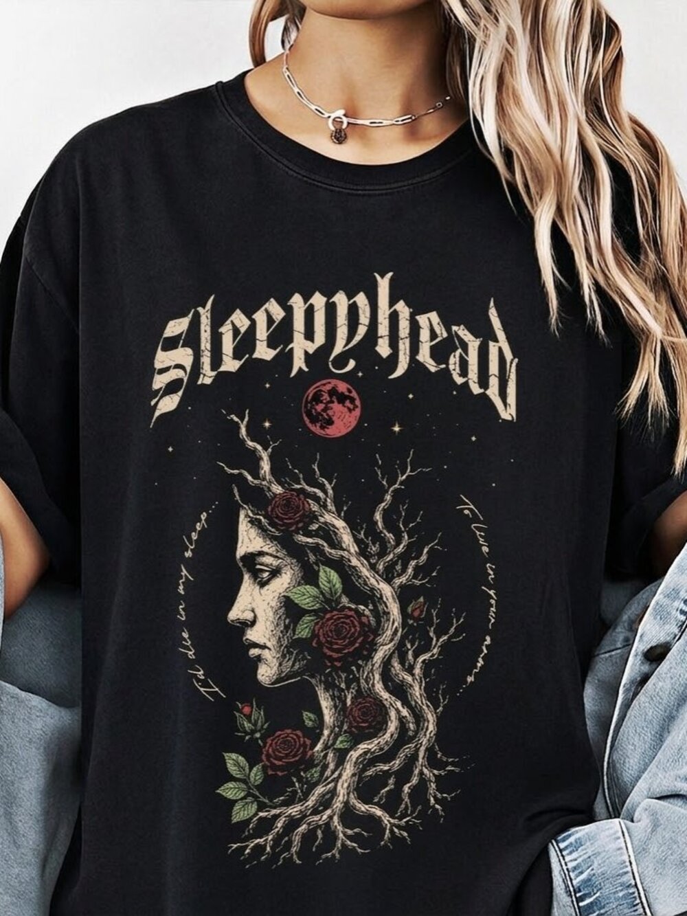 Dark Botanical Gothic Tree Graphic Tee, Moon Roses